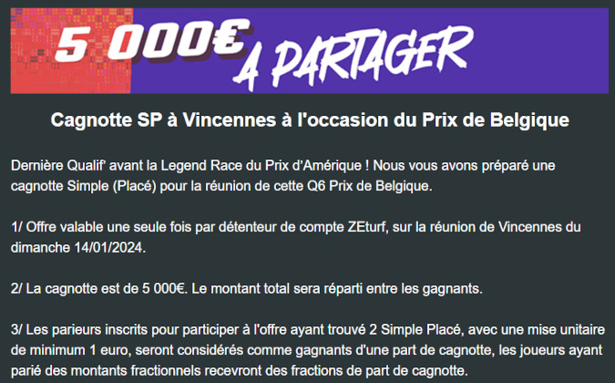 Cagnotte Zeturf 5000 euros à Vincennes le 14 janvier 2024