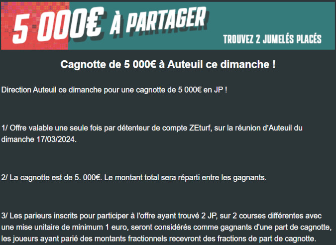 Cagnotte Zeturf 5000 euros à Auteuil le 17 mars 2024