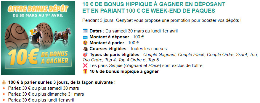 Un bonus de 10 euros sur vos dépôts chez Genybet pour Paques 2024