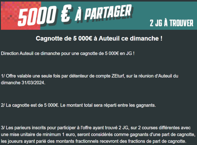 Cagnotte Zeturf 5000 euros à Auteuil le 31 mars 2024