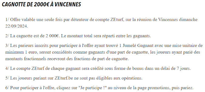 Cagnotte Zeturf 2000 euros à Vincennes le 22 septembre 2024