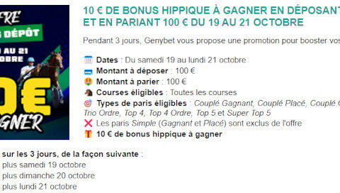 Un bonus de 10 euros sur vos dépôts chez Genybet en octobre 2024