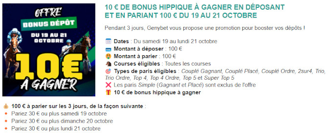 Un bonus de 10 euros sur vos dépôts chez Genybet en octobre 2024