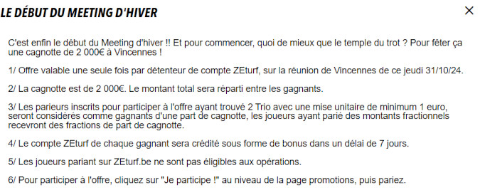 Cagnotte Zeturf 2000 euros à Vincennes le 31 octobre 2024