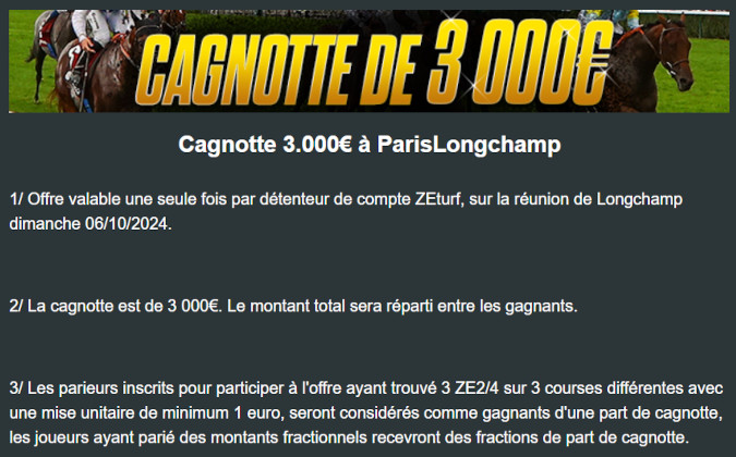 Cagnotte Zeturf 3000 euros à Vincennes le 6 octobre 2024