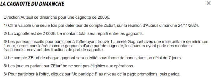 Cagnotte Zeturf 2000 euros à Auteuil le 24 novembre 2024